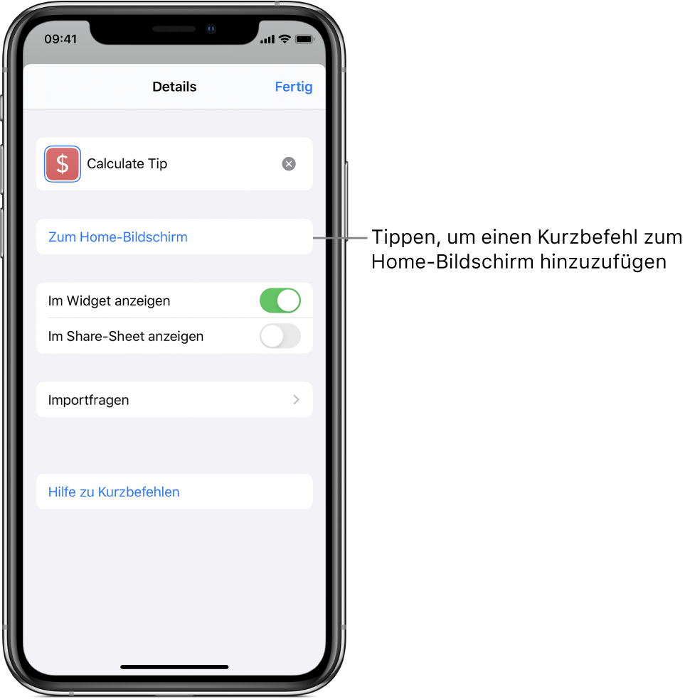 Der Bildschirm „Details“ der App „Kurzbefehle“ mit der Taste „Zum Home-Bildschirm“.