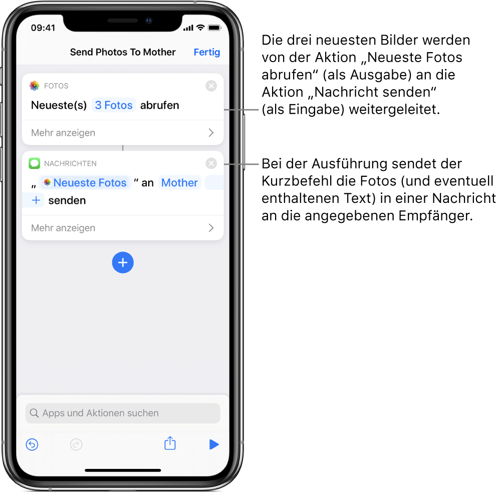Kurzbefehl mit einer Aktion „Neueste Fotos abrufen“ und einer Aktion „Nachricht senden“