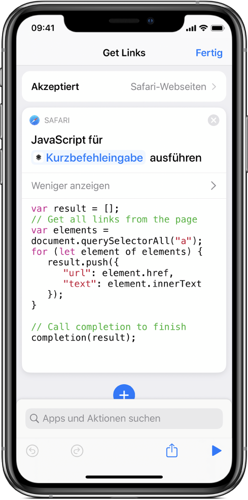 Die Aktion „JavaScript auf Webseite ausführen“ im Kurzbefehleditor