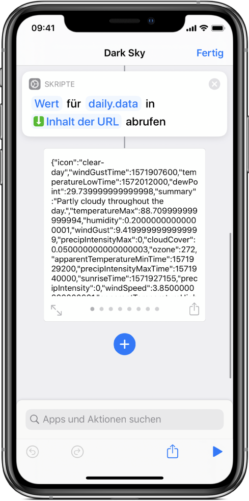 Kurzbefehleditor mit der Aktion „Wörterbuchwert abrufen“ und dem auf „data“ eingestellten Schlüssel.