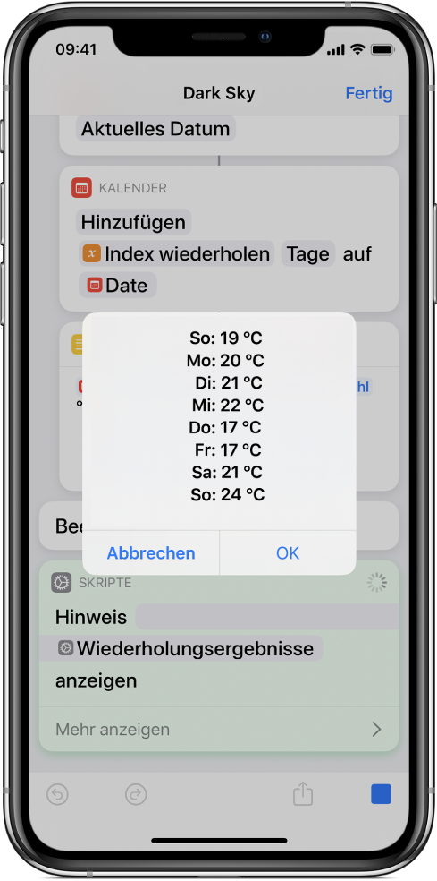 Kurzbefehleditor mit dem resultierenden Hinweis und den Durchschnittstemperaturen während einer Woche.