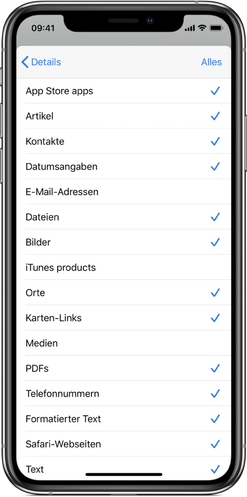 Share-Sheet-Eingabeliste mit den Typen, die beim Ausführen des Kurzbefehls aus einer anderen App akzeptiert werden.