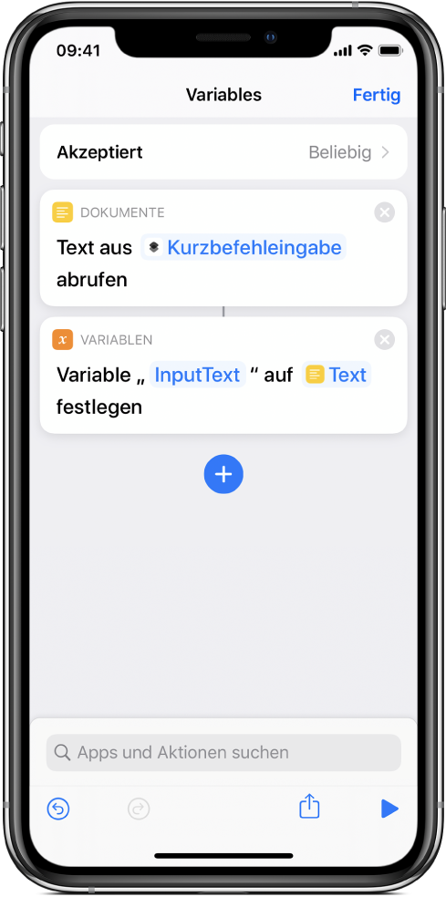 Kurzbefehleditor mit Aktionen vom Typ „Variable festlegen“.