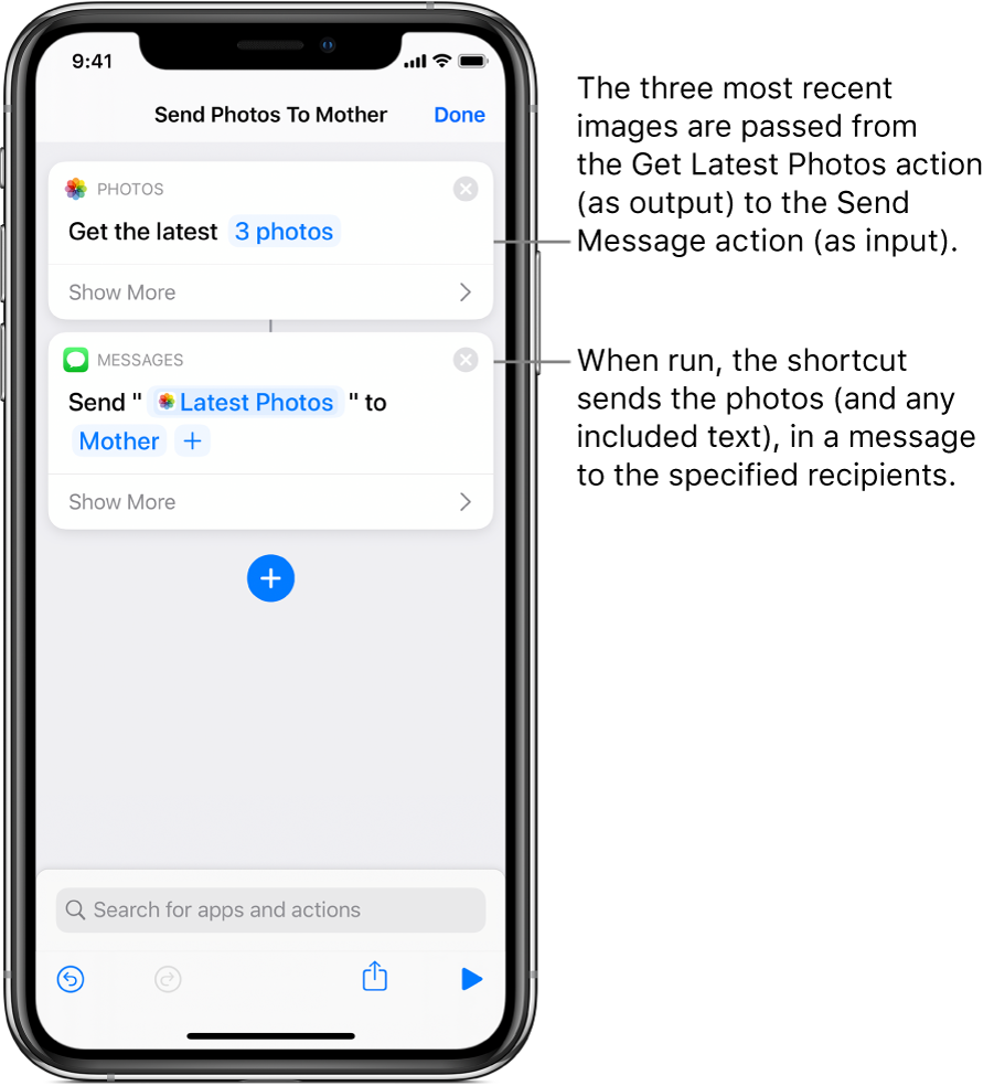 Shortcut containing a Get Latest Photos action and a Send Message action.