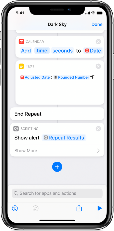 Show Alert action with a Repeat Results variable in the body of the alert message.