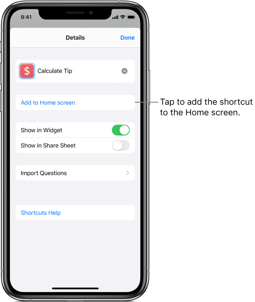 Details screen in Shortcut app showing Add to Home screen.