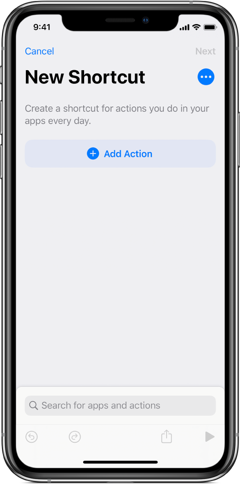 Empty shortcut editor on an iPhone.