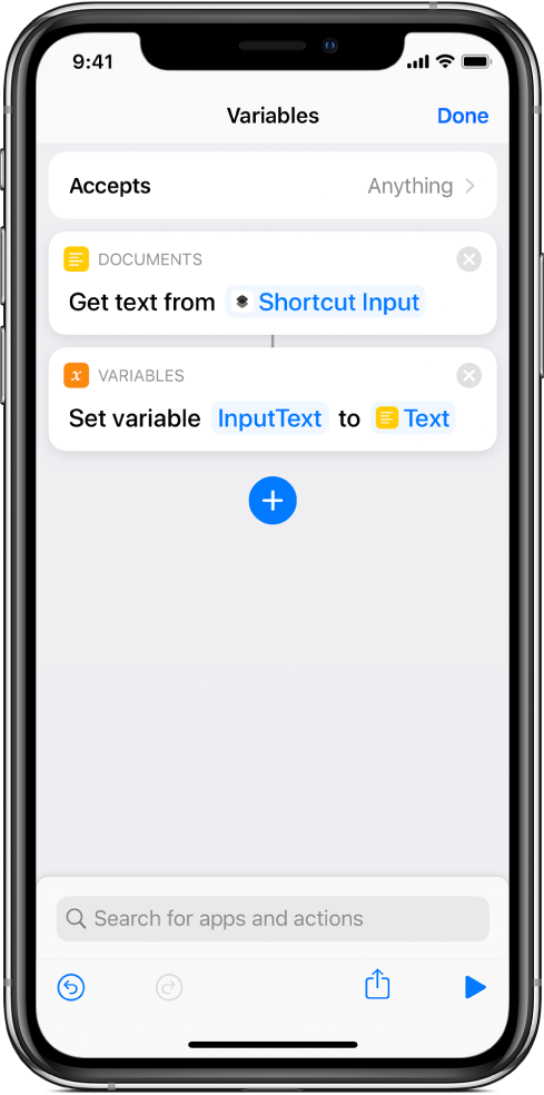 Set Variable actions in shortcut editor.