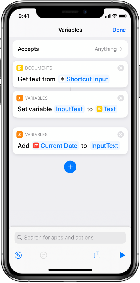 Set Variable and Add to Variable actions in shortcut editor.