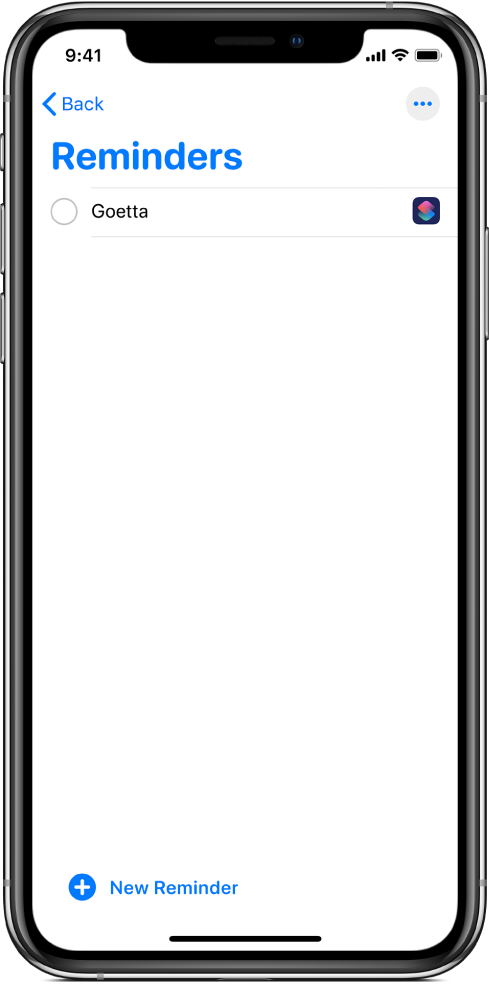 Reminders app showing the new shortcut reminder.