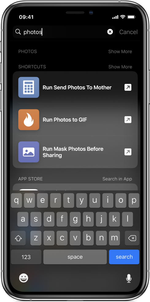 Search for the shortcut keyword “photos”, and the results of the search: “Run Send Photos To Mother”, “Run Photos to GIF” and “Run Mask Photos Before Sharing” shortcuts.