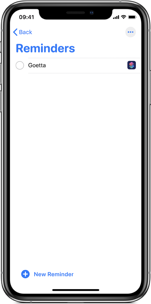 Reminders app showing the new shortcut reminder.
