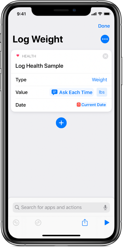 Ask Each Time variable token in the Date field of the Log Health Sample action.