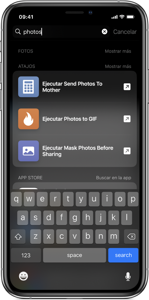 Búsqueda con la palabra clave de atajo "fotos" y los resultados de la búsqueda: atajos "Ejecutar 'Enviar fotos a mamá'", "Ejecutar 'Fotos a GIF'" y "Ejecutar 'Aplicar máscara a fotos antes de compartir'".