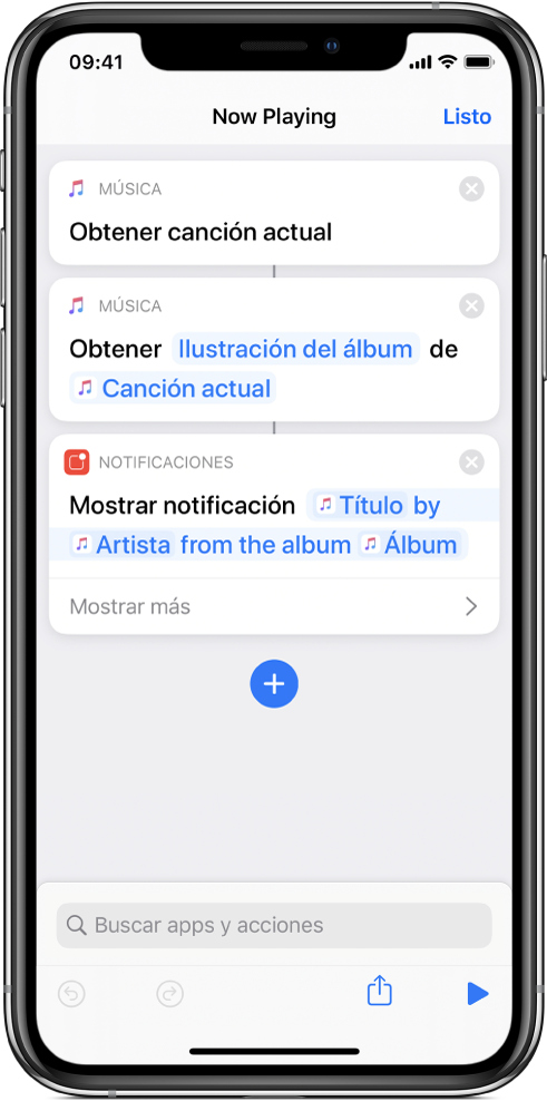 La acción "Mostrar notificación" en el editor de atajos y la alerta “Ahora suena de Música”, invocada por la acción "Mostrar notificación"