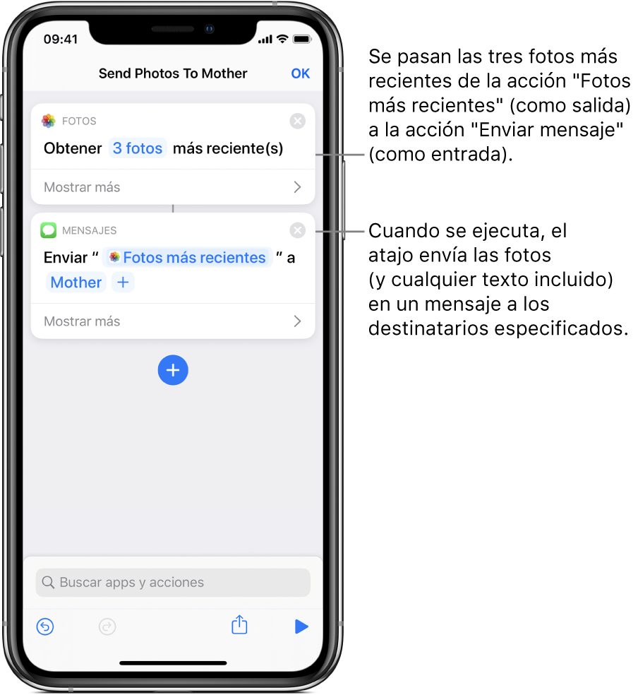 Atajo que contiene una acción "Fotos más recientes" y una acción "Enviar mensaje".