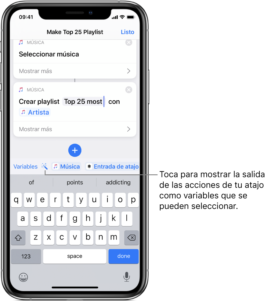 La pantalla del atajo "Crear playlist Top 25" mostrando los botones "Variables" y "Variable mágica" arriba del teclado en pantalla.