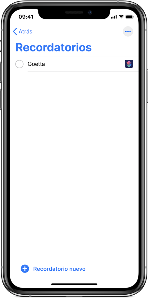 La app Recordatorios mostrando el nuevo recordatorio del atajo