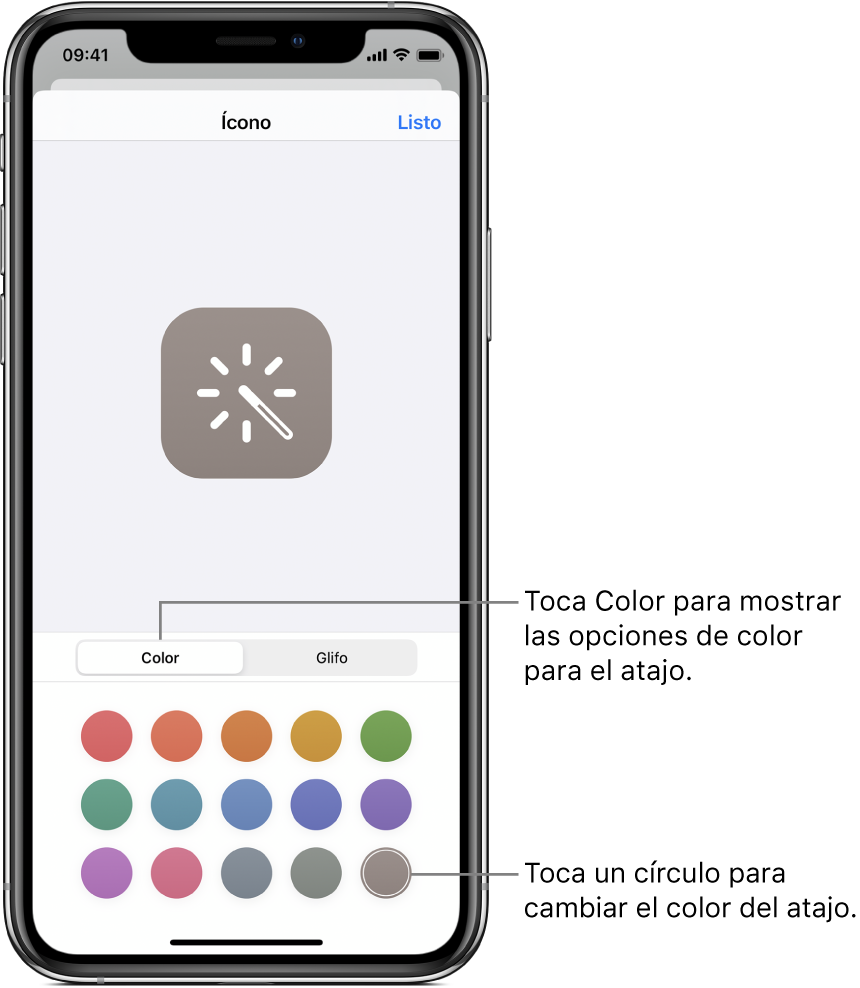 La pantalla Ícono mostrando las opciones de color de los atajos.