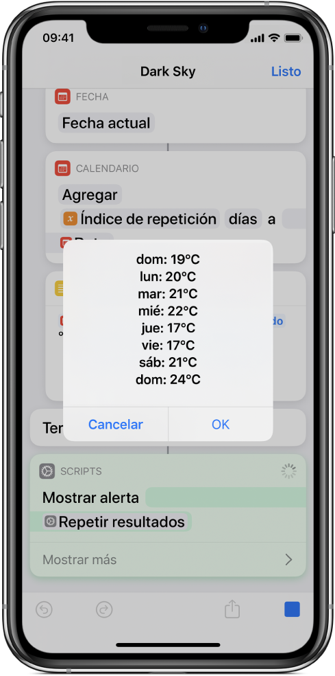 El editor de atajos mostrando la alerta nueva con las temperaturas promedio de la semana