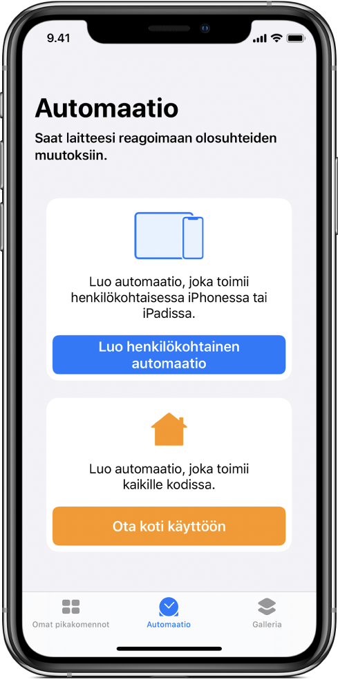 Pikakomennot-apin Automaatio-osio.