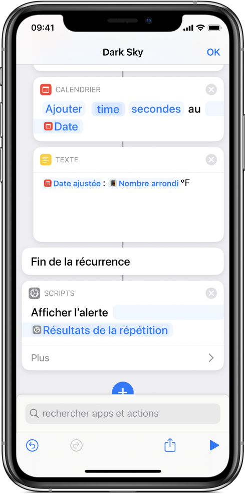 L’action Afficher l’alerte avec une variable Résultats de la répétition dans le corps du message de l’alerte.