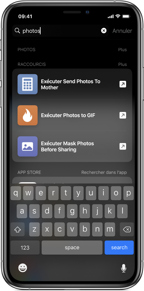 La recherche pour le mot-clé de raccourci « photos » et les résultats de la recherche : Raccourcis « Exécuter Envoyer des photos à maman », « Exécuter Photos en GIF » et « Exécuter Masquer les photos avant de les partager ».