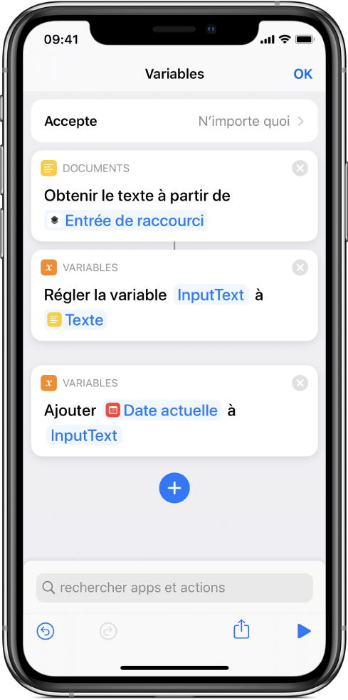 Actions Définir une variable et Ajouter à la variable dans l’éditeur de raccourcis.