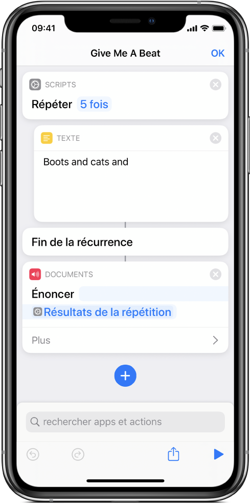 Action Texte dans une action Répéter réglée sur cinq répétitions.