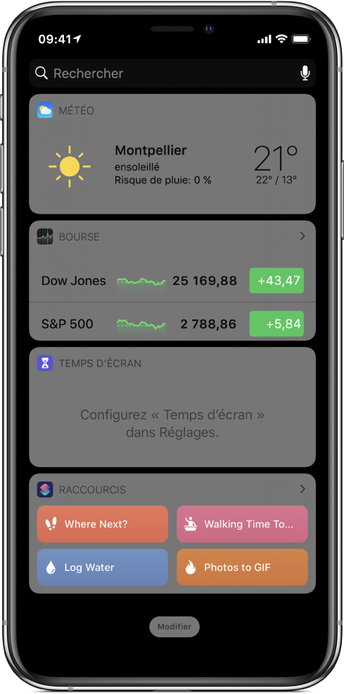 Widget Raccourcis dans l’affichage du jour sur l’iPhone.