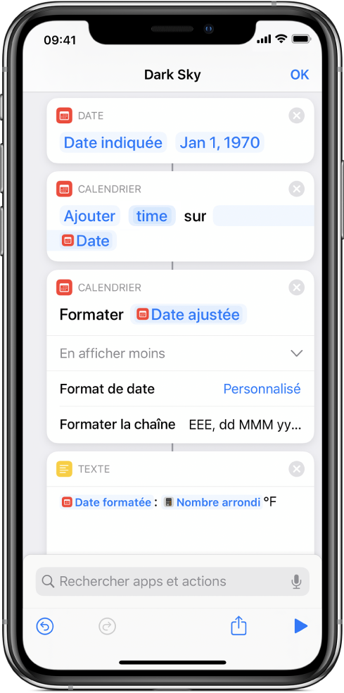 Action Formater la date avec format de chaîne personnalisé dans l’éditeur de raccourci.