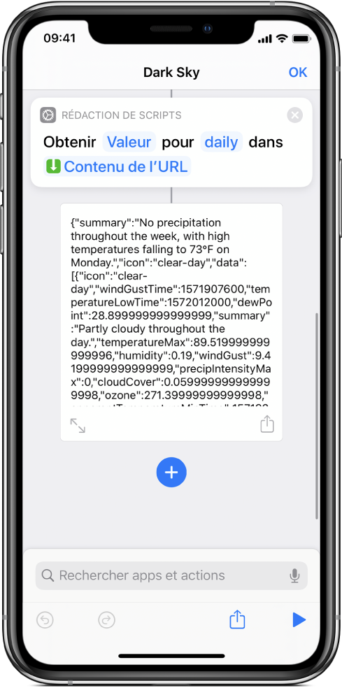 Action Obtenir la valeur du dictionnaire dans l’éditeur de raccourci avec la clé définie sur « daily ».