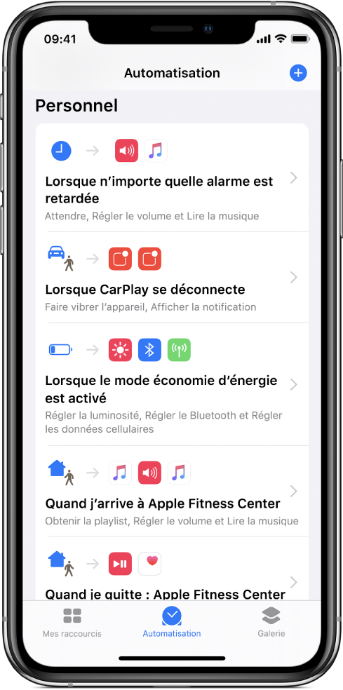 Liste des automatisations personnelles dans Raccourcis.