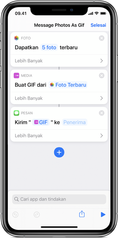 Editor pintasan menampilkan tindakan yang digunakan untuk mengirimkan pesan dengan foto sebagai animasi GIF.