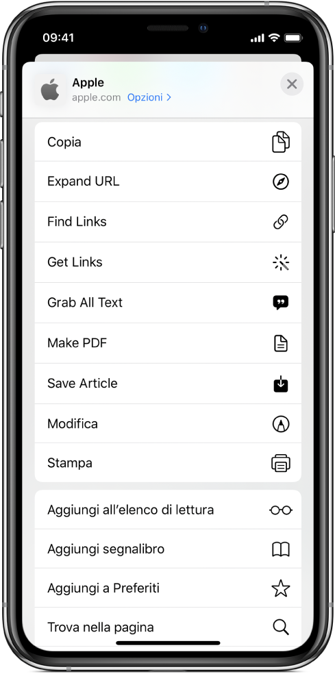 Comandi Rapidi nel pannello di condivisione di Safari.