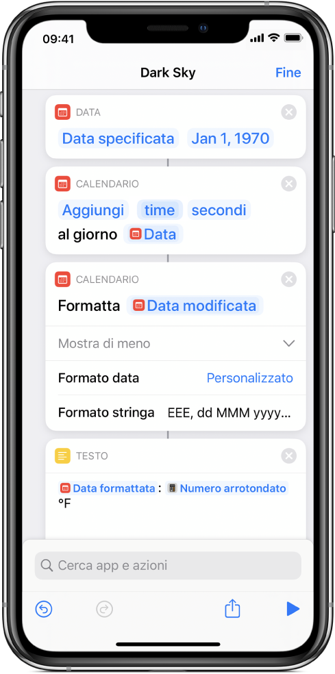 L'azione “Formatta data” con un'azione “Formatta stringhe” personalizzata nell'editor di comandi rapidi.