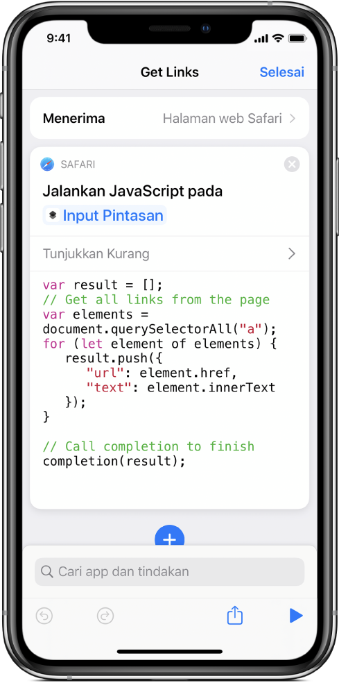 Tindakan Jalankan JavaScript pada Halaman Web dalam editor pintasan.