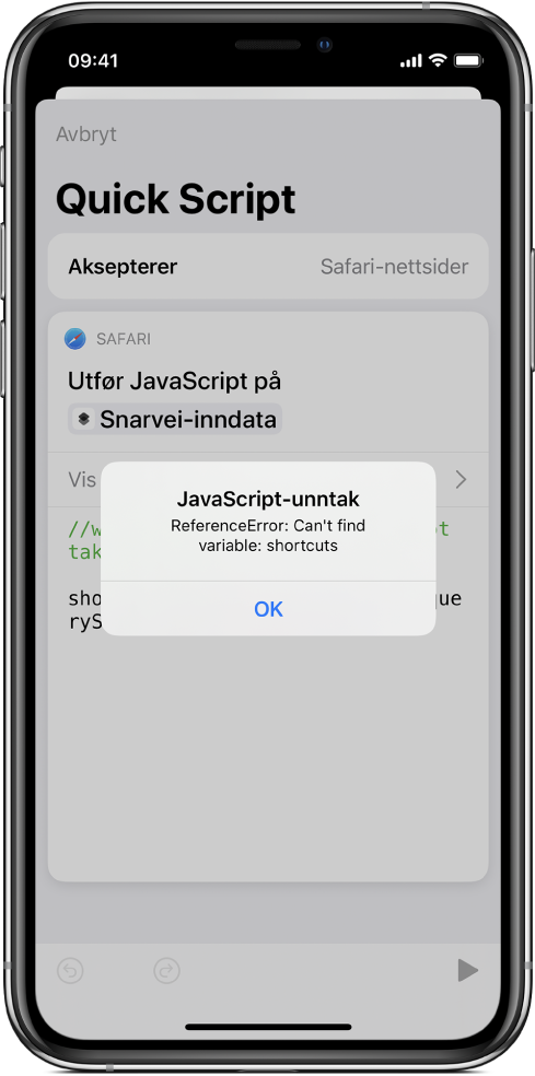 Snarveisredigereren som viser en JavaScript-unntaksfeilmelding.