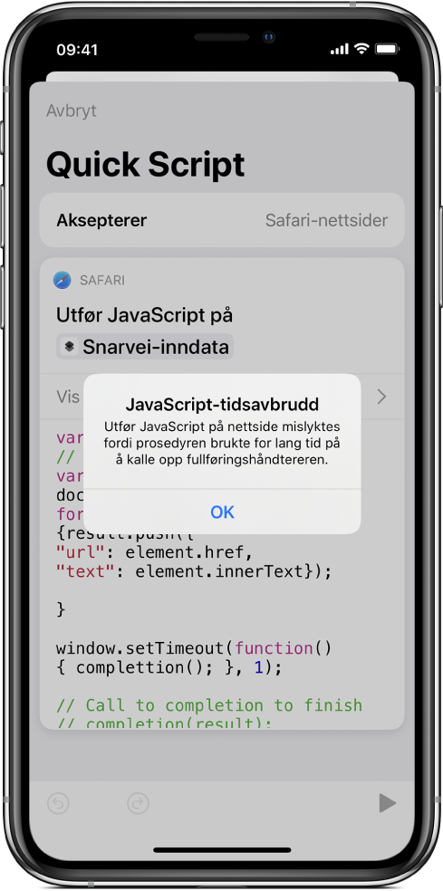 Snarveisredigereren som viser en JavaScript-tidsavbruddfeilmelding.