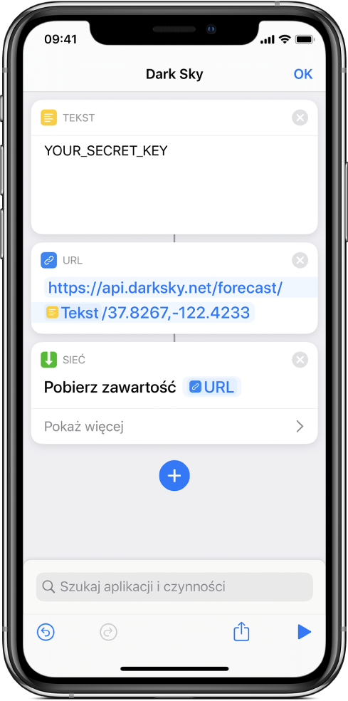 Żądanie API Dark Sky, zawierające czynność Tekst z kluczem API, za którą znajduje się czynność URL wskazująca węzeł końcowy API z użyciem zmiennej Secret Key. Dalej umieszczona jest czynność Pobierz zawartość URL.