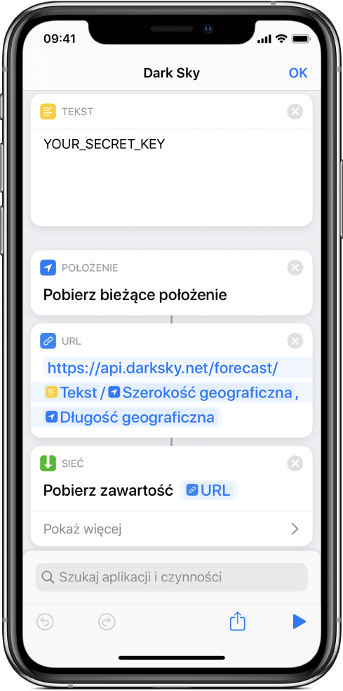 Czynność Pobierz bieżące położenie, dodana między czynnością Tekst oraz czynnością URL w skrócie wysyłającym żądanie API serwisu Dark Sky.