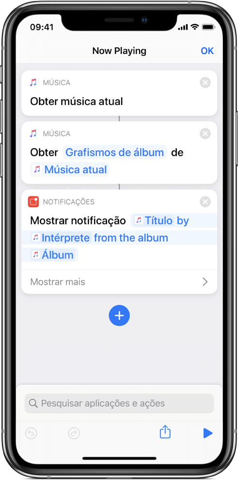 Ação “Mostrar notificação” no editor de atalhos e o aviso “A reproduzir” de Música chamado pela ação “Mostrar notificação”.