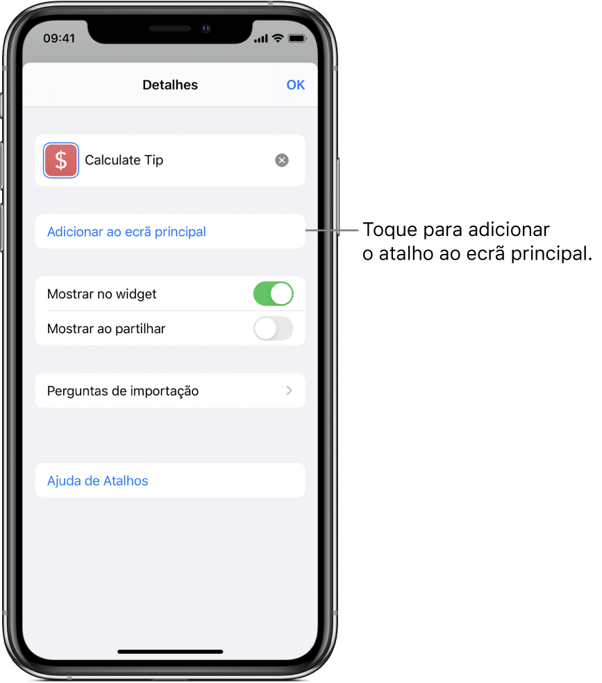 Ecrã Detalhes na aplicação Atalho a mostrar “Ecrã principal”.