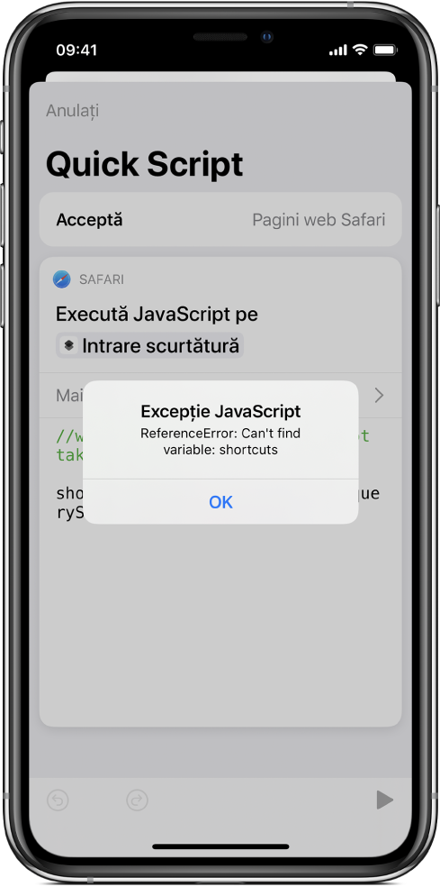 Editorul de scurtături afișând un mesaj de eroare Excepție JavaScript.