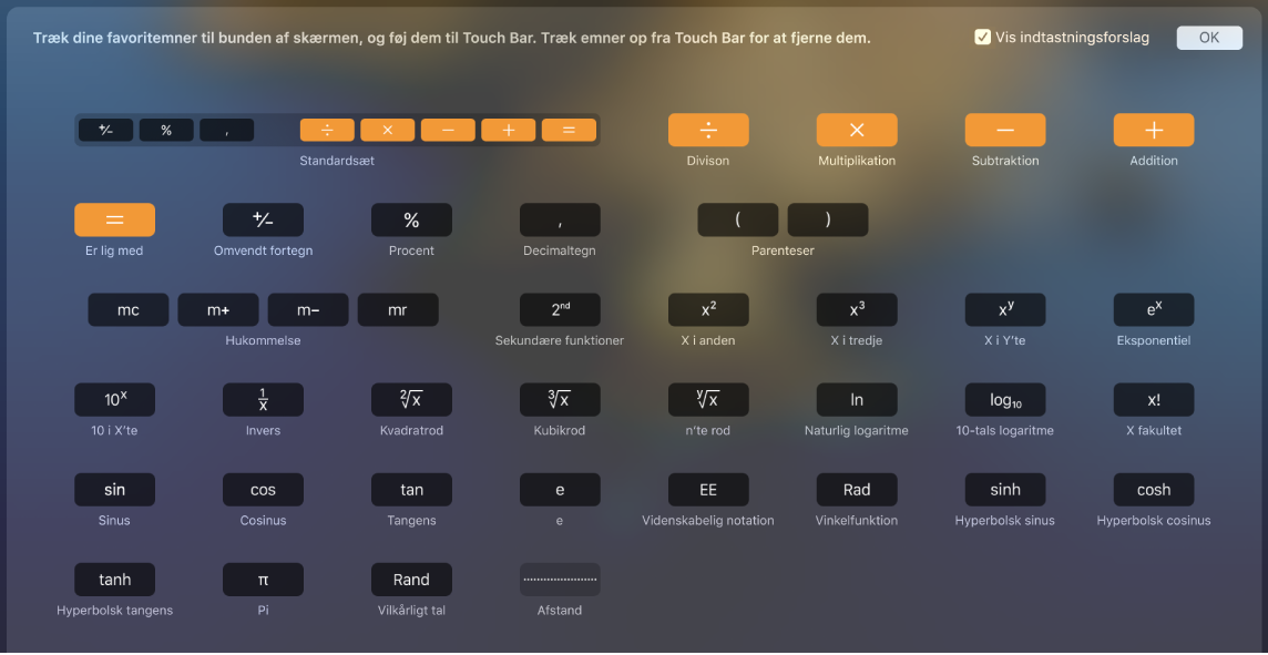 De emner, som du kan tilpasse på Touch Bar til Lommeregner ved at trække dem til Touch Bar, vises.