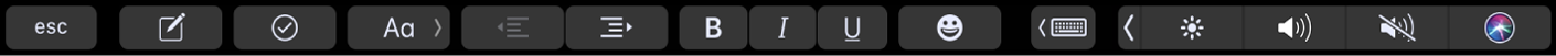 Die Notizen-Touch Bar mit Tasten für die Textformatierung Die Formatierungsoptionen umfassen die Ausrichtung nach links oder rechts, fette und kursive Schrift sowie Unterstreichen. Außerdem gibt es eine Taste zum Anzeigen von Schreibvorschlägen.