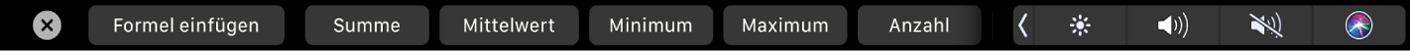 Die Numbers-Touch Bar mit angezeigten Tasten für Formeln Dazu gehören „Summe“, „Durchschnitt“, „Minimum“, „Maximum“ und „Anzahl“.