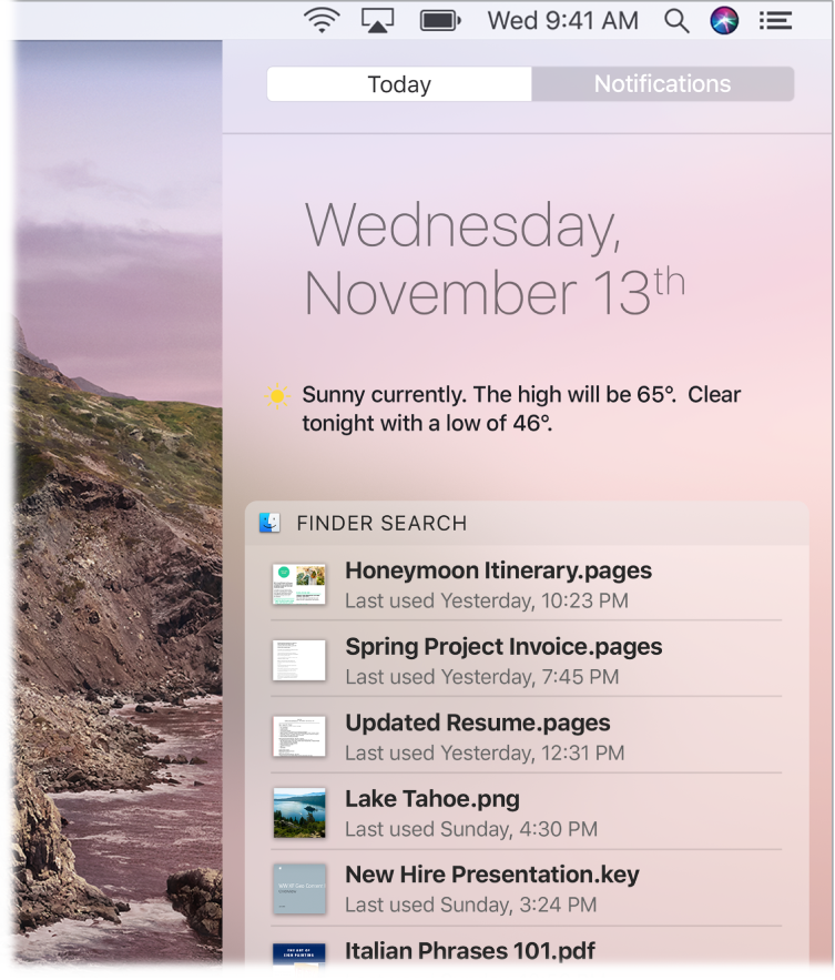 A partial desktop screen showing Notification Center open with the Today tab selected.