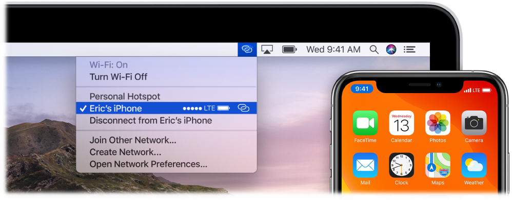 A Mac screen with the Wi-Fi menu showing a Personal Hotspot connected to an iPhone.