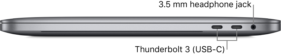 The right side view of a MacBook Pro with callouts to the two Thunderbolt 3 (USB-C) ports and the 3.5 mm headphone jack.